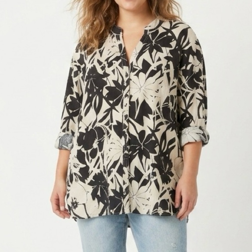 Y2K Linen HARVE BENARD Abstract Floral Print V Neck Button Up Tunic Blouse Shirt